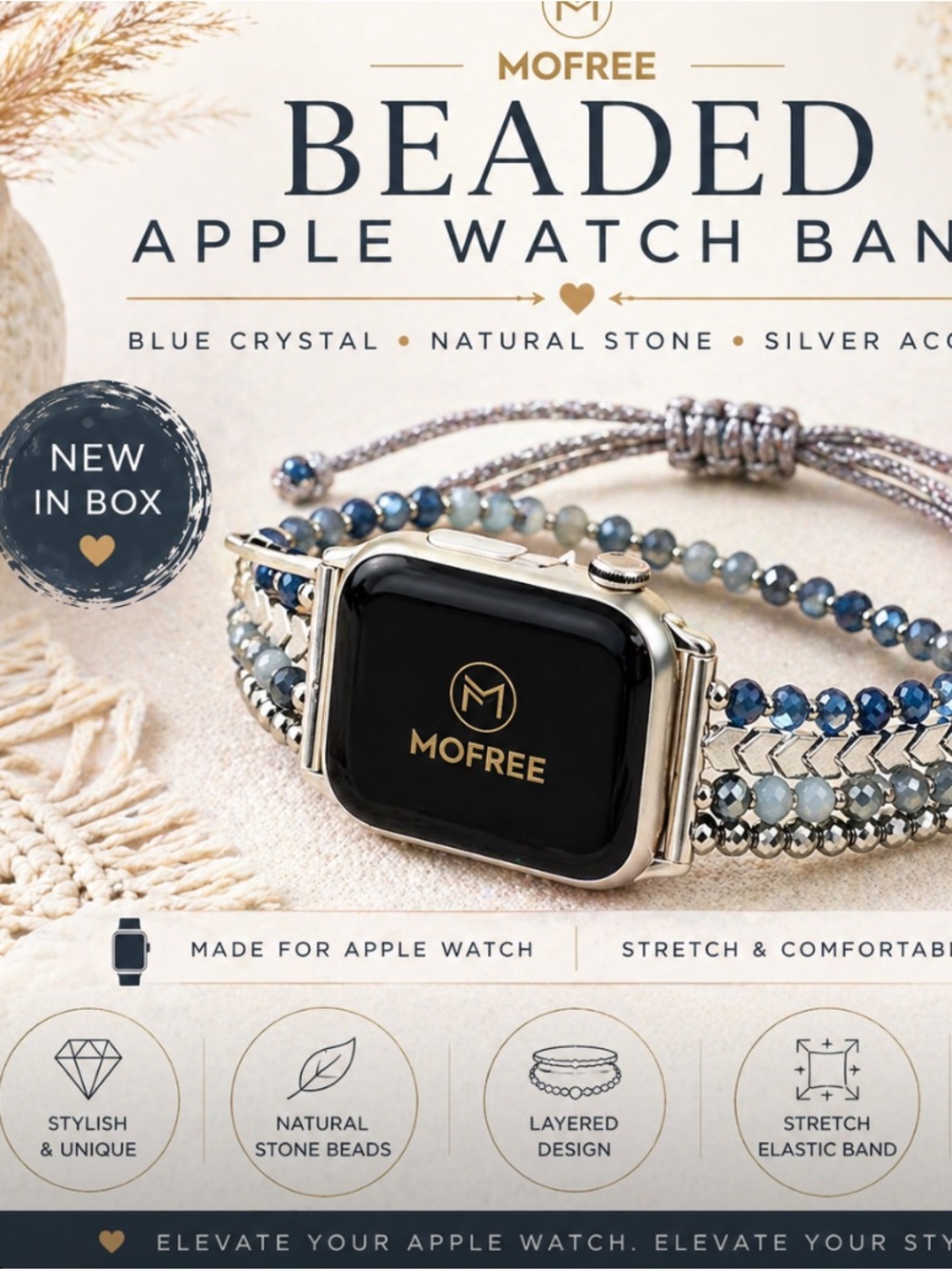 MOFREE Beaded Apple Watch Band Blue Crystal Boho Strap Adjustable NIB